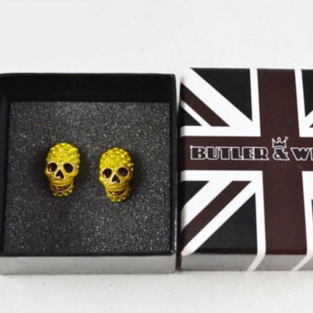 NIB Butler and Wilson Bright Gold Ghoulie Stud Earrings